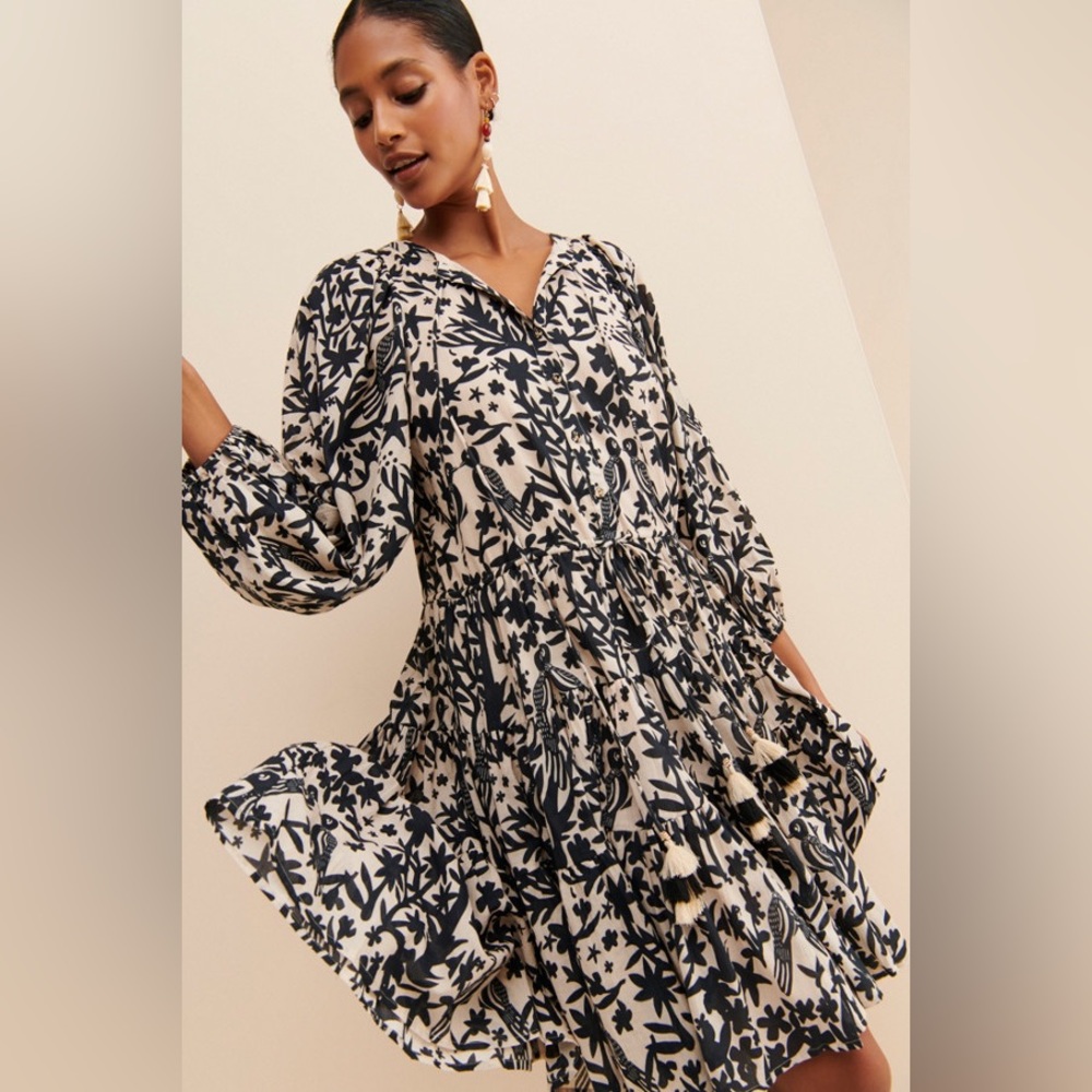 CAROLINA K Viola Cotton Puff-Sleeve Mini Dress Size Medium Bird Pattern